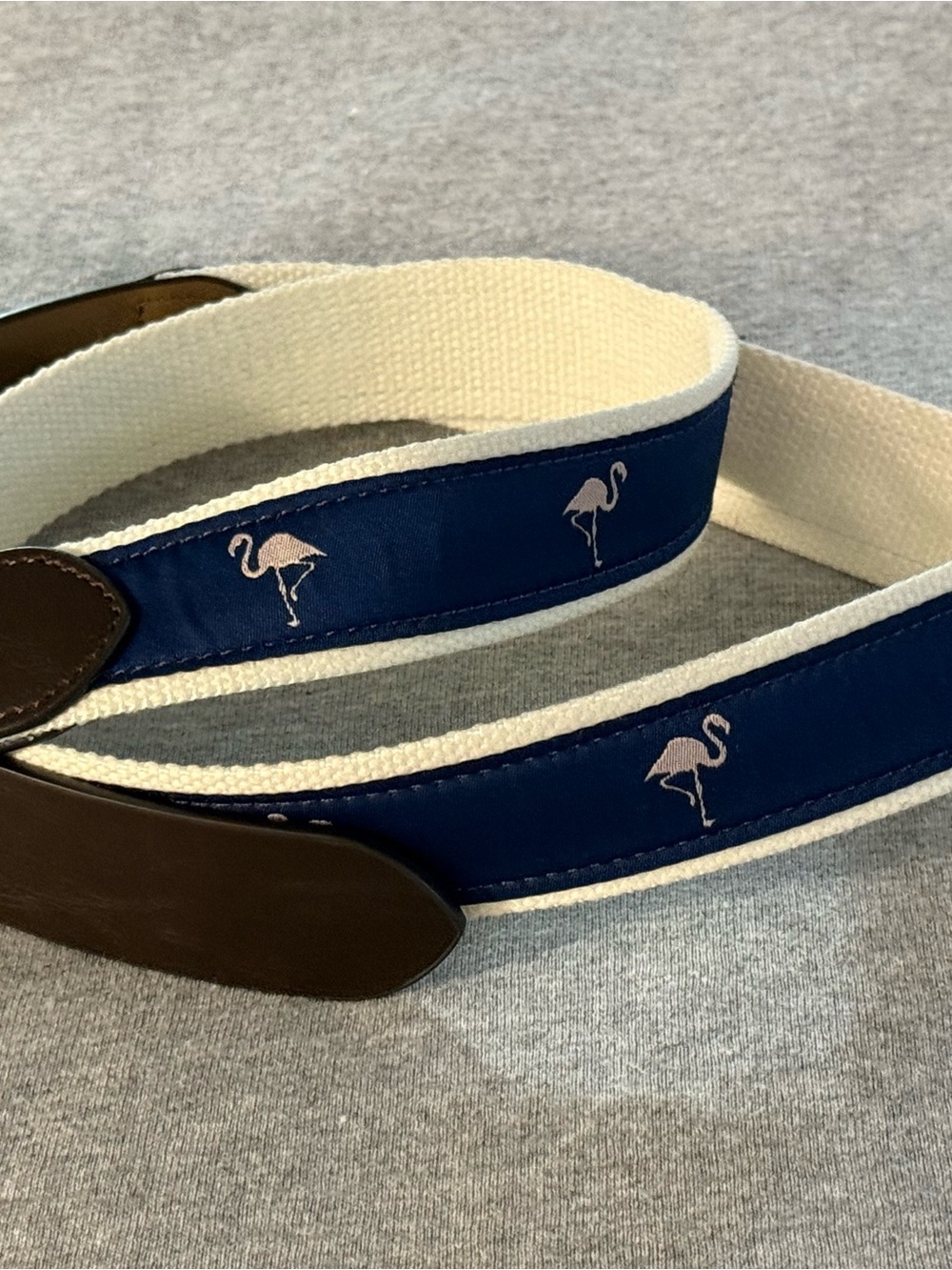Men's Navy and White Canvas Belt with Flamingo Accent